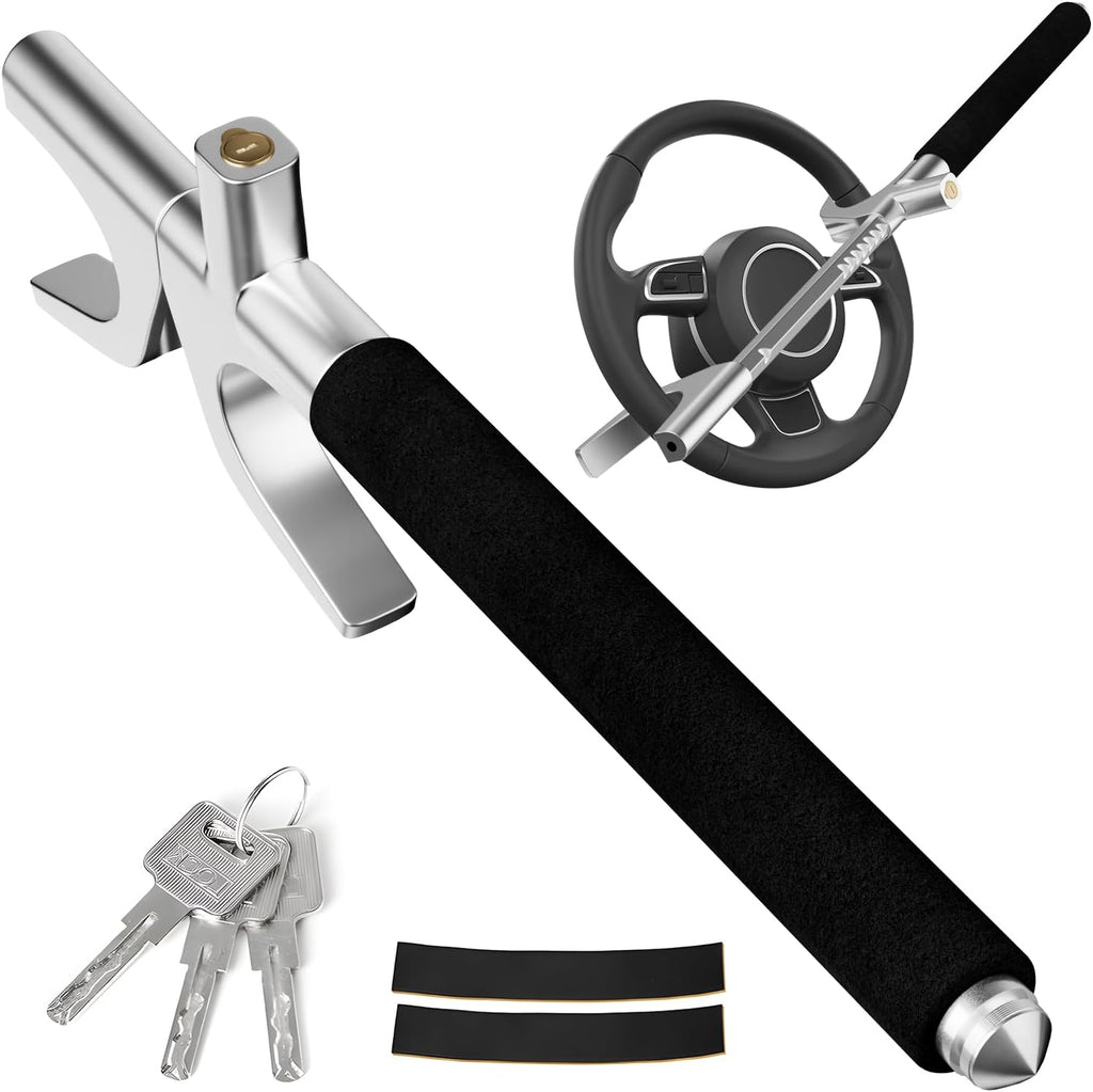FOMO Heavy Duty Steering Wheel Lock with Safety Hammer – Universal Anti-Theft Car Lock for Cars, SUVs, Vans & Trucks | Adjustable Security Lock | Black