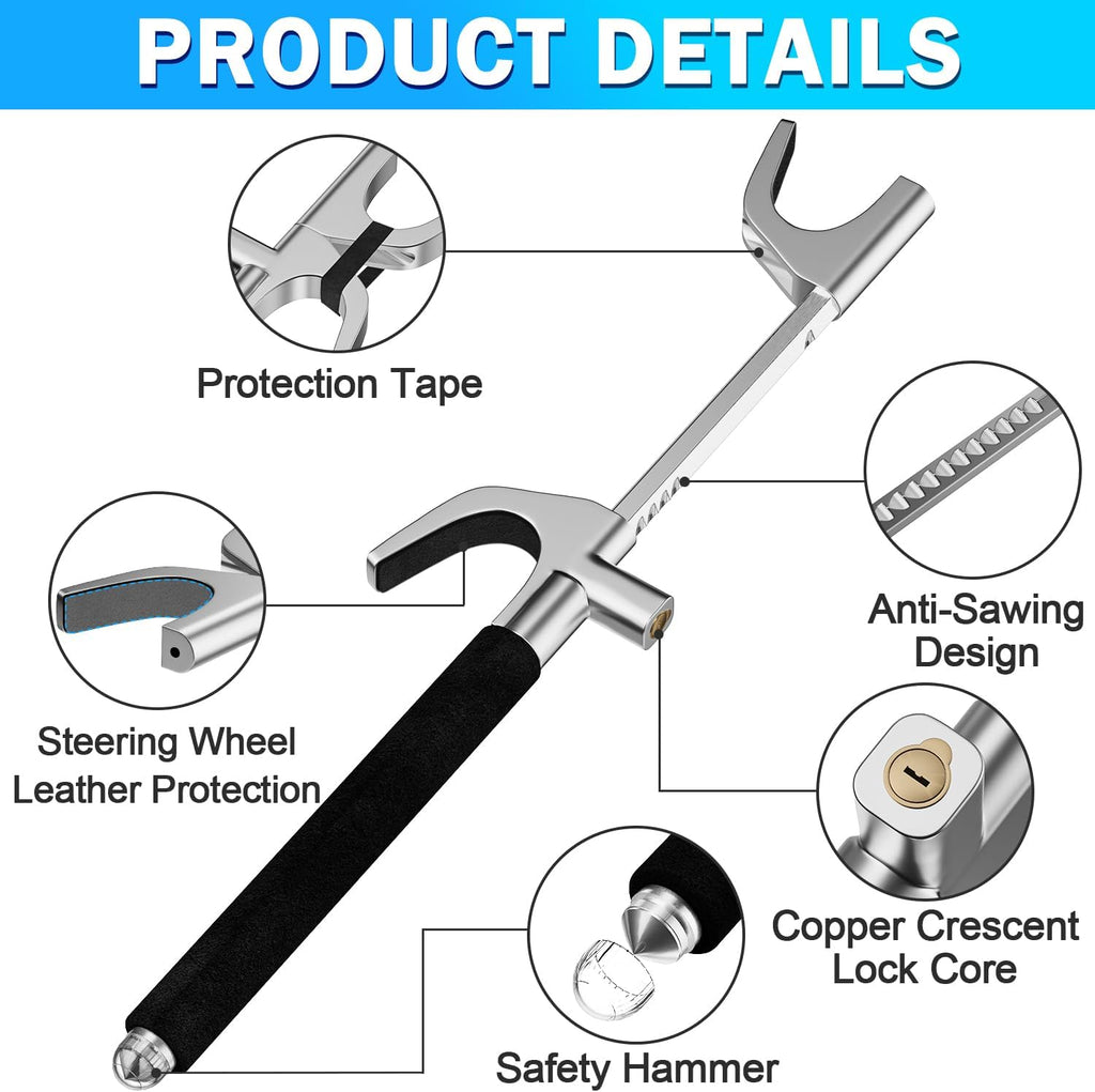 FOMO Heavy Duty Steering Wheel Lock with Safety Hammer – Universal Anti-Theft Car Lock for Cars, SUVs, Vans & Trucks | Adjustable Security Lock | Black