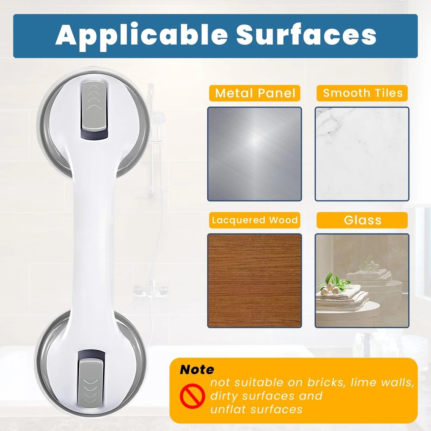 Non-Slip Large Shower Handle For Bathroom, Punch-Free Traceless Glass Suction Handle, Powerful Suction Grip