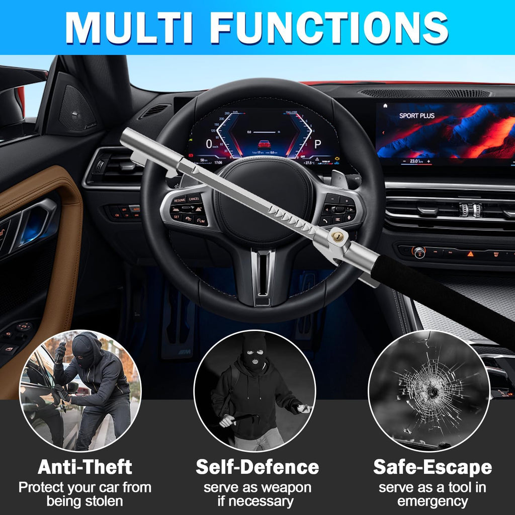 FOMO Heavy Duty Steering Wheel Lock with Safety Hammer – Universal Anti-Theft Car Lock for Cars, SUVs, Vans & Trucks | Adjustable Security Lock | Black