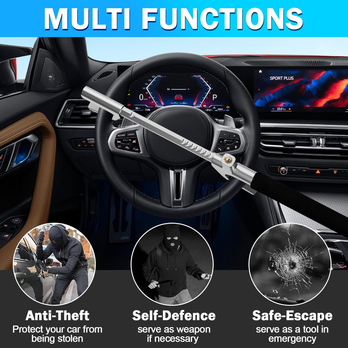 FOMO Heavy Duty Steering Wheel Lock with Safety Hammer – Universal Anti-Theft Car Lock for Cars, SUVs, Vans & Trucks | Adjustable Security Lock | Black FOMO