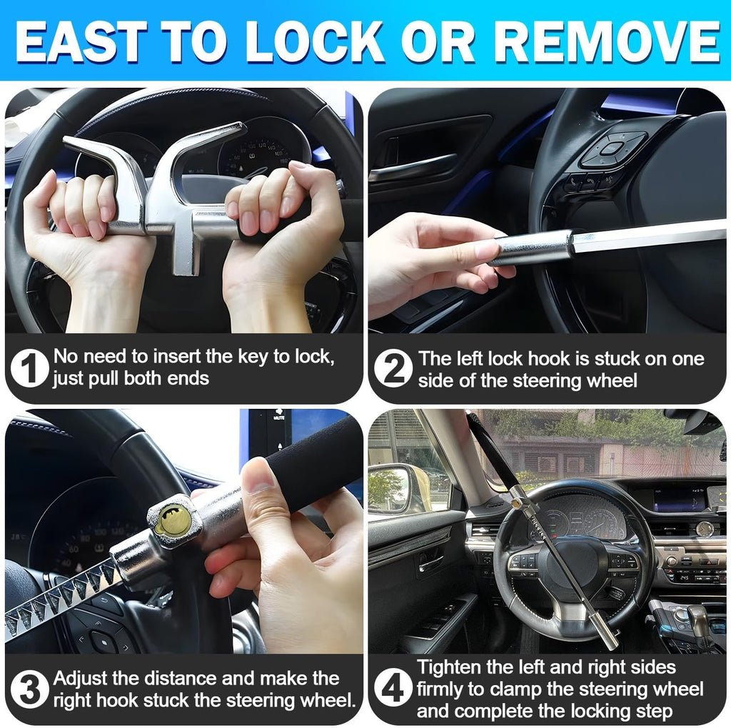 FOMO Heavy Duty Steering Wheel Lock with Safety Hammer – Universal Anti-Theft Car Lock for Cars, SUVs, Vans & Trucks | Adjustable Security Lock | Black