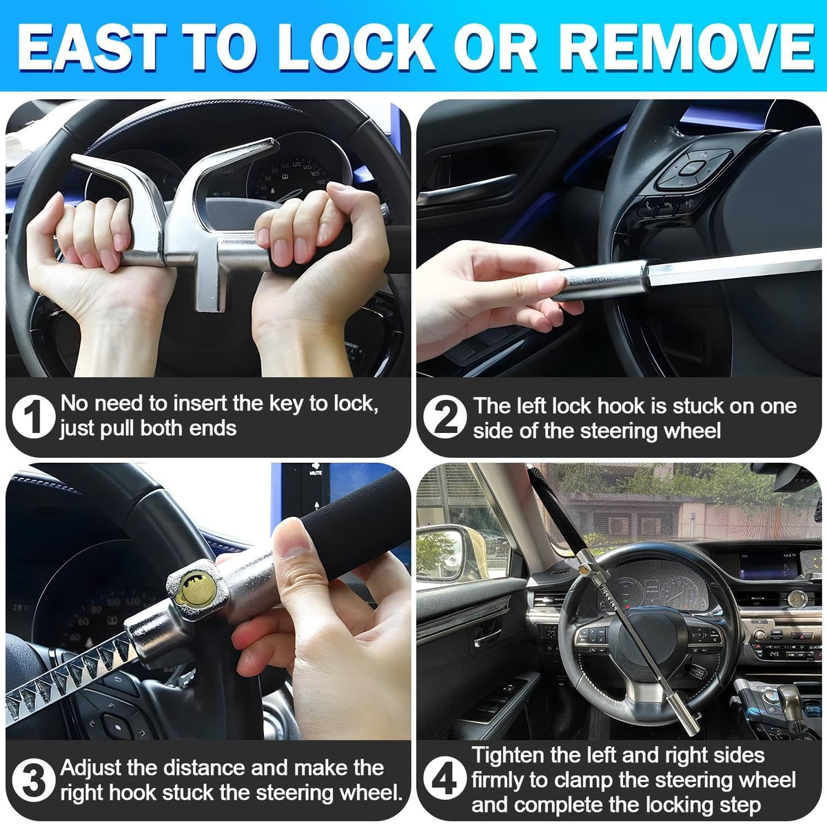 FOMO Heavy Duty Steering Wheel Lock with Safety Hammer – Universal Anti-Theft Car Lock for Cars, SUVs, Vans & Trucks | Adjustable Security Lock | Black FOMO