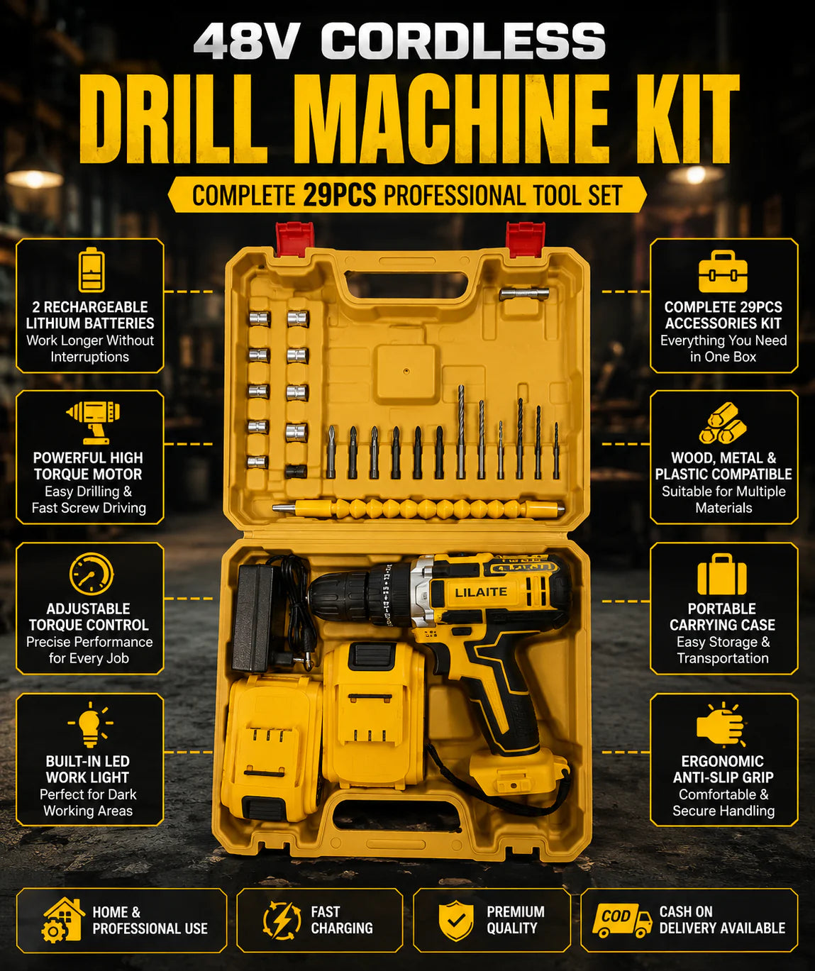 🔧 48V Cordless Drill Machine Kit – Rechargeable Electric Drill with 2 Batteries, Charger & 30+ Accessories