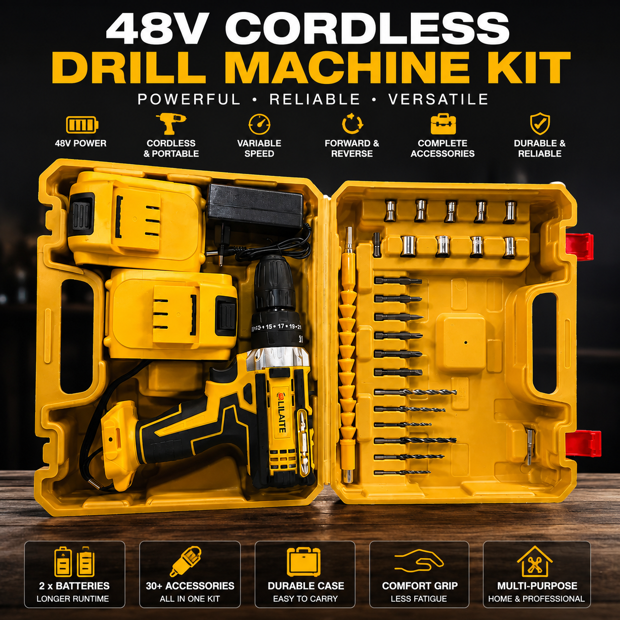 🔧 48V Cordless Drill Machine Kit – Rechargeable Electric Drill with 2 Batteries, Charger & 30+ Accessories
