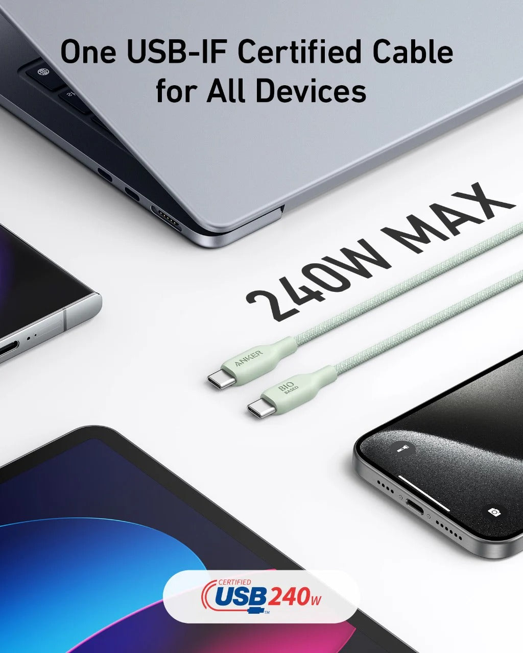Anker 543 USB-C to USB-C Fast Charging Cable 240W (Bio-Braided Nylon, 6ft) – Durable & High-Speed Charging Cable