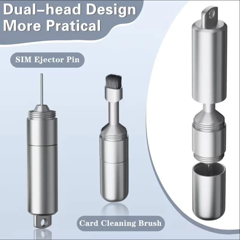 2-in-1 SIM Card Ejector Pin with Cleaning Brush | Dual Head Mobile Cleaning Tool with Protective Case & Carabiner