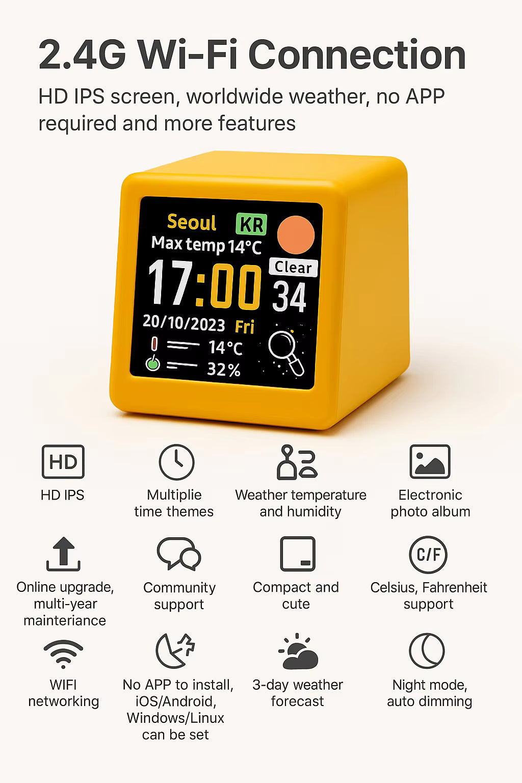 🌤️ Smart Wi-Fi Weather Clock with HD IPS Display – Digital Desk Clock, Weather Forecast, Temperature & Humidity Monitor